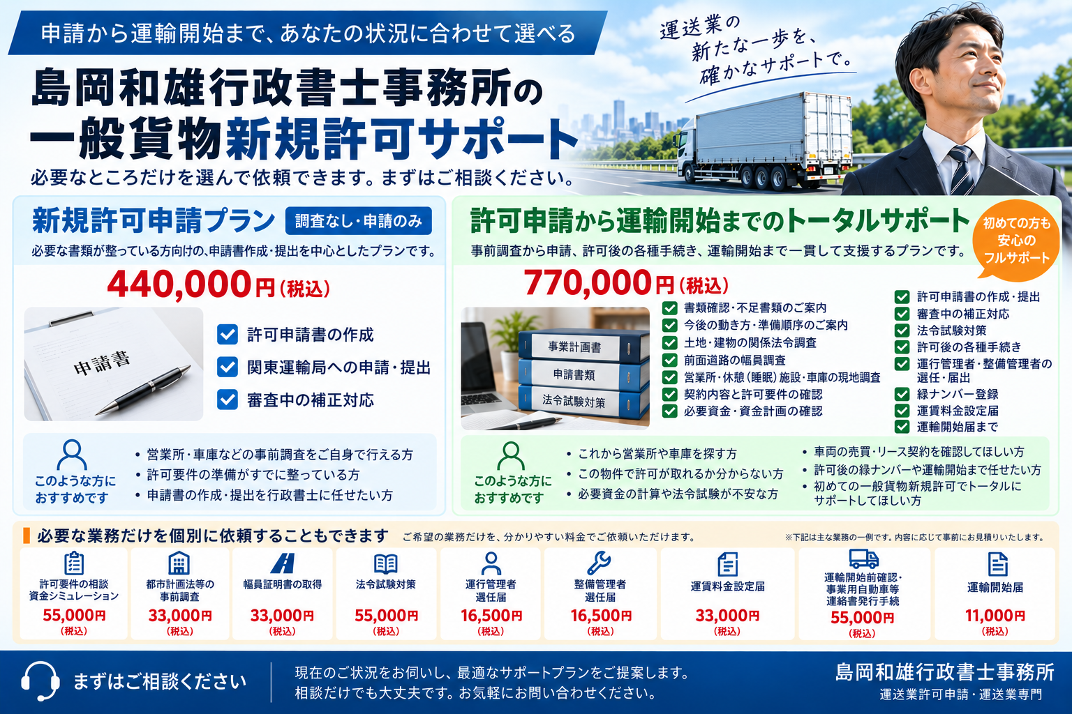 一般貨物新規許可の申請のみプラン・トータルサポート・個別サポートの比較