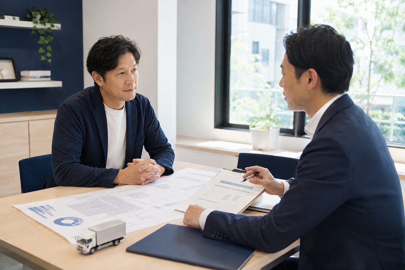 運送会社の経営者と新規許可の相談を行う運送業専門行政書士