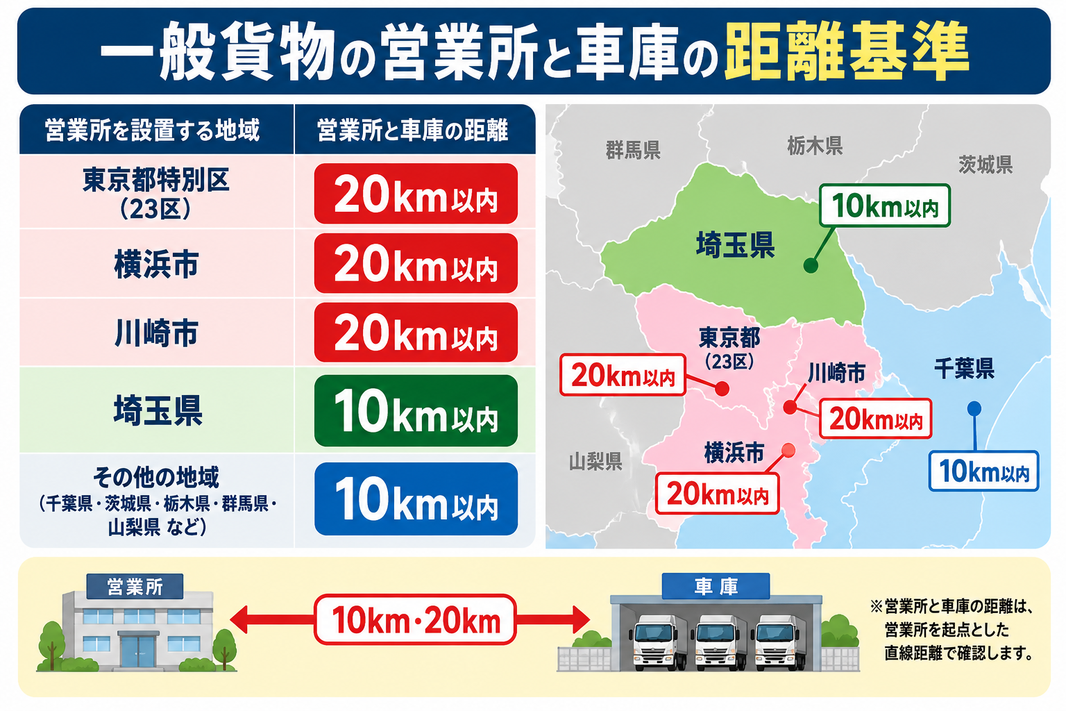 一般貨物の営業所と車庫の距離基準。埼玉県は10km以内、東京都23区・横浜市・川崎市は20km以内
