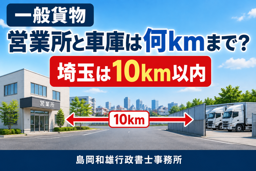 一般貨物の営業所と車庫の距離について、埼玉県は10km以内であることを解説するガイド