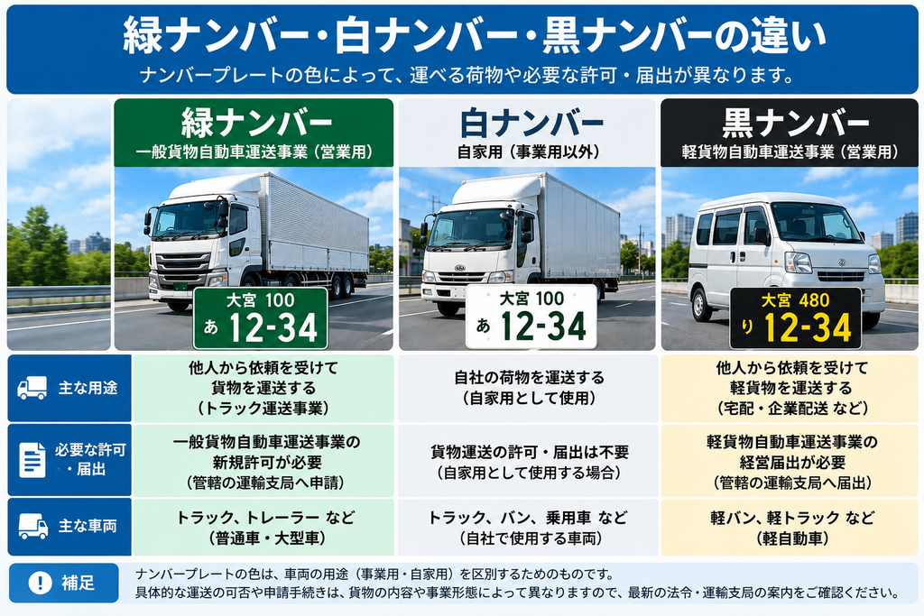 緑ナンバー・白ナンバー・黒ナンバーの違いを、用途・必要な許可や届出・主な車両で比較した図